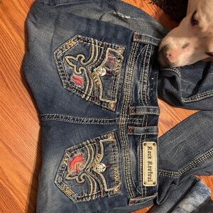 Rock Revival Dark Blue Boot Cut Jeans with Red Embroidery